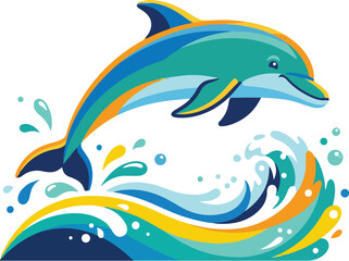 Naklejka premium Vibrant dolphin jumping out of colorful ocean wave on white background