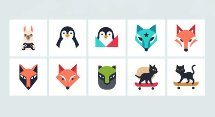 Set of Flat Animal Icons: Fox, Penguin, Llama, Cat on Skateboard © Dita