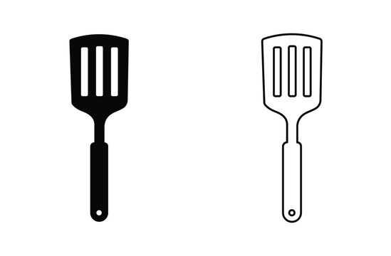 Minimalist kitchen spatula vector icons, black solid and outline flipper symbols, professional culinary tool set for cooking apps and restaurant menus