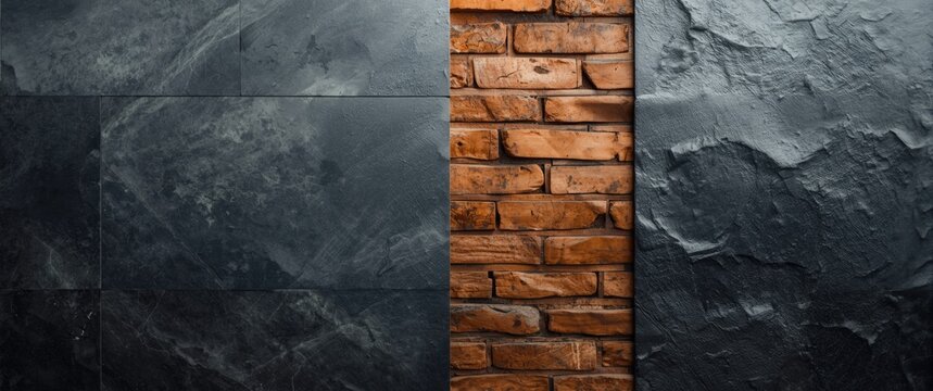 Breathtaking wall display combining smooth slate panels and rustic brick surfaces