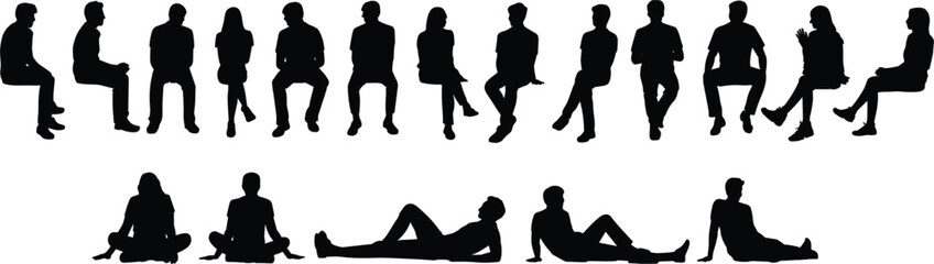 Collection of black silhouettes of people sitting and lying down in various relaxed poses on white background Keywords: silhouette © MdMehedi
