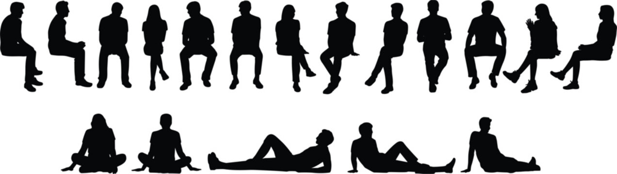 Collection of black silhouettes of people sitting and lying down in various relaxed poses on white background Keywords: silhouette
