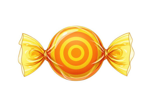 A single orange and yellow hard candy wrapped in shiny paper