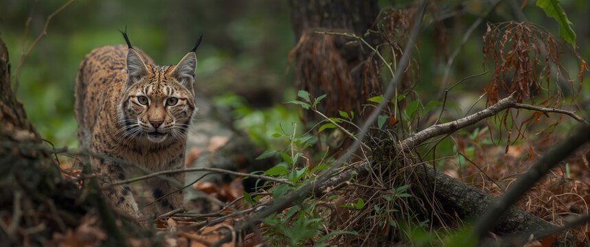 Lynx Pardinus Camouflaged in Woodland Habitat Natural Setting, Focused Look