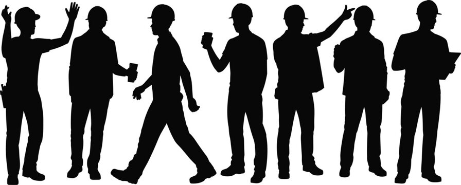 Silhouettes of seven construction workers in hard hats holding tools and documents on white background Keywords: silhouette, people