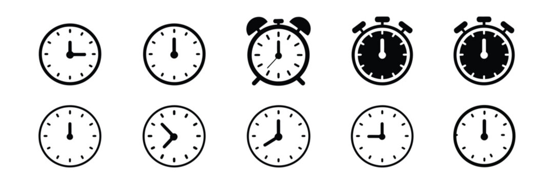 Clock and timer icons alarm schedule countdown stopwatch time management business counter line solid vector illustration