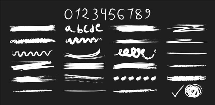 Hand drawn chalk and charcoal marks. Rough strokes and scribbles with grunge pastel pencil texture. Hand drawn arrow set with crayon texture. White underline doodles and sketchy brush bar elements.