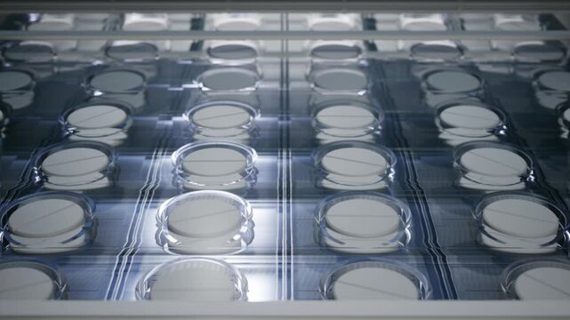 Close up of round white pills sealed in transparent blister packs moving on a factory production line. Perfect for pharmaceutical industry content.