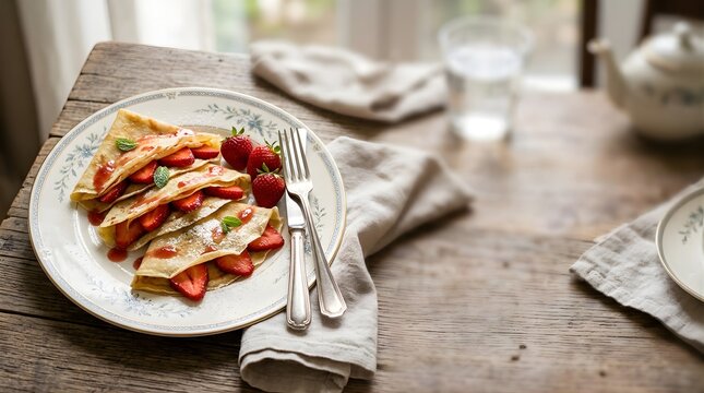 Fresh sweet crepes with strawberries on a rustic wooden table setting