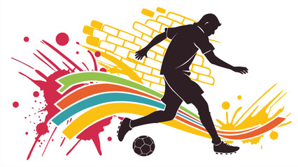 Fototapeta premium Silhouette of soccer player kicking ball with vibrant rainbow splash paint effect background