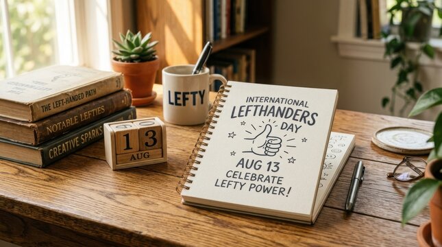 International left handers day celebration sign on desk