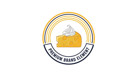 Fototapeta premium Premium cheese brand emblem featuring a stylized wedge of Swiss cheese topped with a dollop of whipped cream within a circular border.