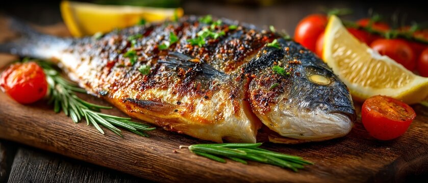 A picture of fried fish with lemon and herbs on a wooden board makes an appetising backdrop for recipes, restaurant menus and healthy eating topics.
