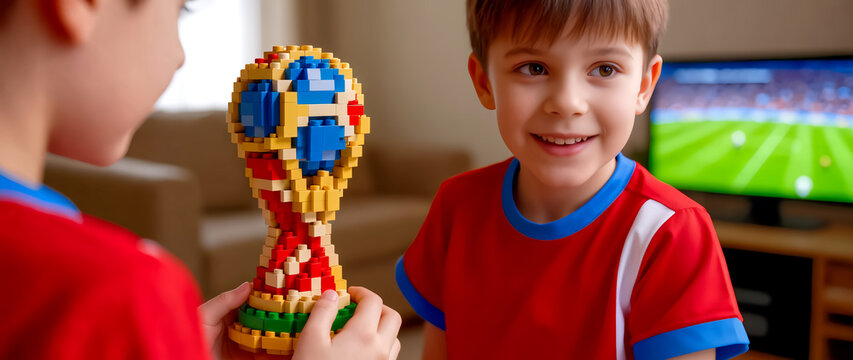 A happy young boy in a red football jersey smiling as his friend hands him a mini World Cup trophy cup made of toy bricks in the living room. Blurred TV screen showing a match in the background.