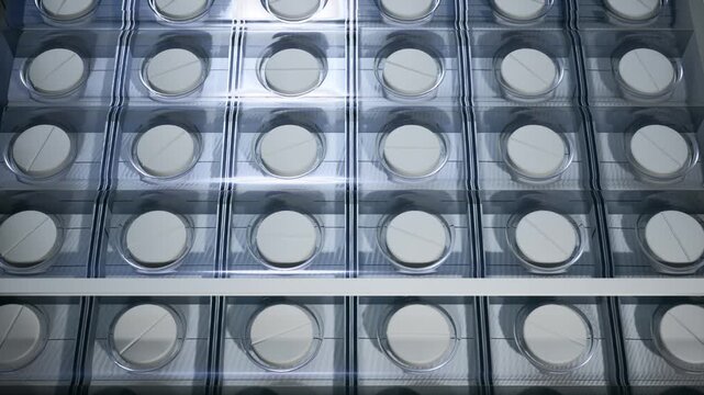 Aerial view of endless rows of white tablets sealed in clear blister packs on a pharma production line.