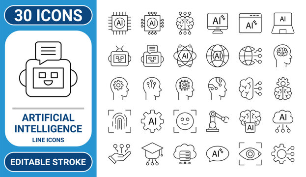 Artificial intelligence line icons set with AI robot brain chip cloud automation and editable stroke vector symbols