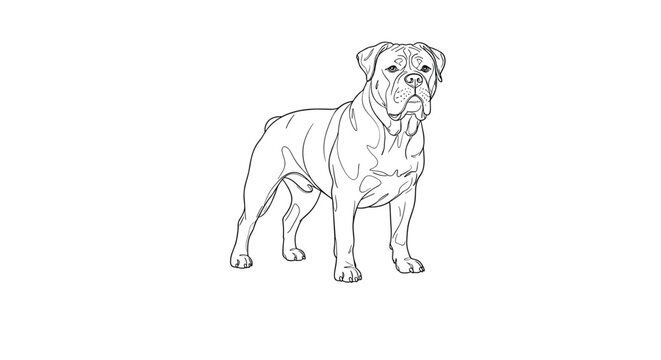 Strong and muscular dog illustration in black and white line art depicting a bullmastiff standing proudly on a plain white background.
