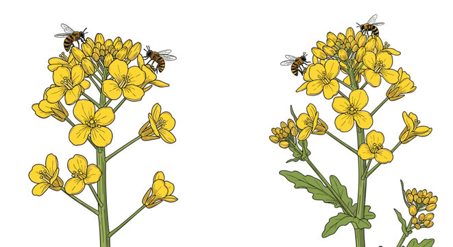 Detailed illustration of flowering yellow rapeseed plants with multiple honeybees actively foraging for nectar on a white background.