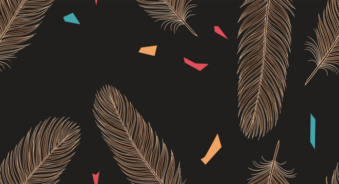 Seamless pattern featuring brown bird feathers and abstract colorful geometric shapes on a dark background for modern textile designs.