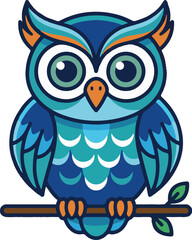 Fototapeta premium Colorful cartoon owl sitting on a branch isolated on white background