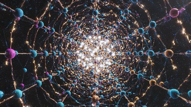 Abstract molecular structure with colorful atoms connected by bonds in a futuristic scientific visualization