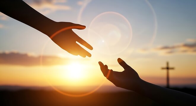Silhouette of two hands reaching for each other at sunset with a cross