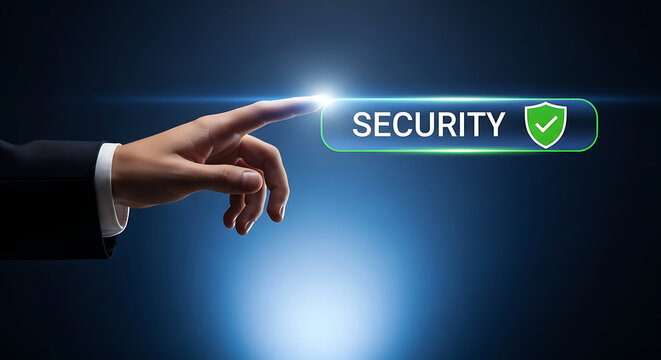 Hand pointing to digital security shield icon with glowing light in dark background
