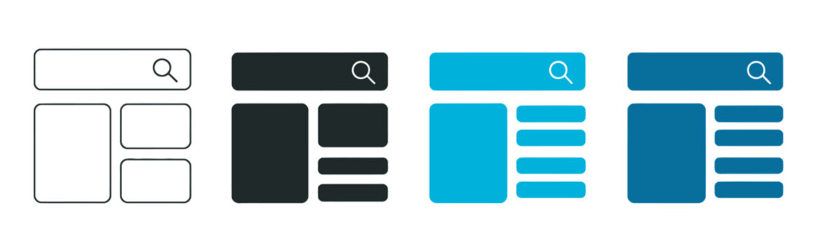 Digital dashboard interface icon set, search bar UI elements, modular web application layout symbols, data management system design, vector illustration collection