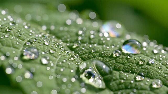 Macro shot of water droplets on a green leaf surface 4.
