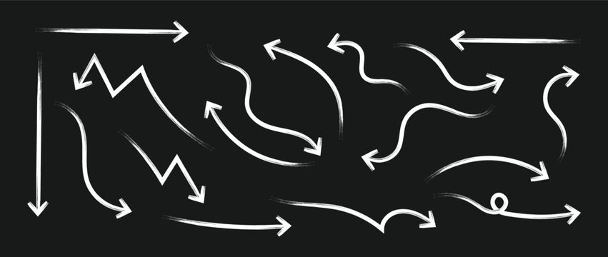 Hand drawn chalk arrow vector set. Various brush drawn curved arrows.Hand drawn black marker arrows,scribble set,ink brush stroke elements,Brush,marker drawn arrows set.Hand drawn arrows brush stroke.