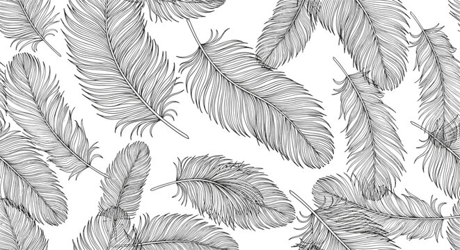 Intricate seamless pattern of soft bird feathers in a highly detailed black and white engraving style on a clean white background.