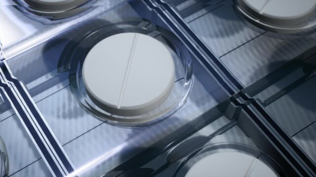 Clear empty blister packs moving on a pharmaceutical conveyor belt ready for pill filling. Industrial macro shot.