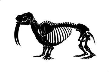Fototapeta premium Walrus Skeleton Silhouette: A stark black silhouette of a walrus skeleton, showcasing its internal bone structure, including the prominent tusks and rib cage, presented against a clean background.
