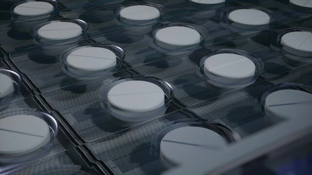 Close up of white round pills sealed in transparent blister packs moving on a conveyor belt at a pharma factory.
