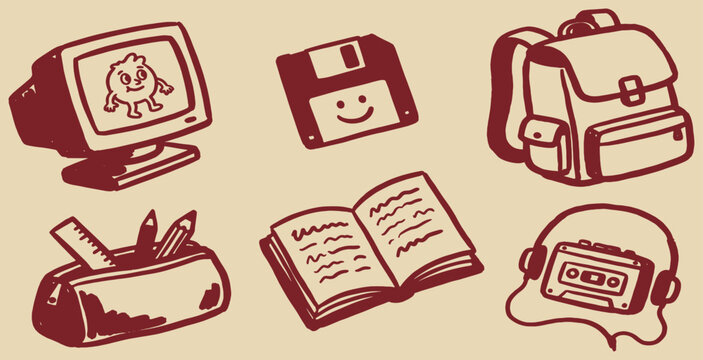 Collection of vintage school and technology items in a retro illustration style.