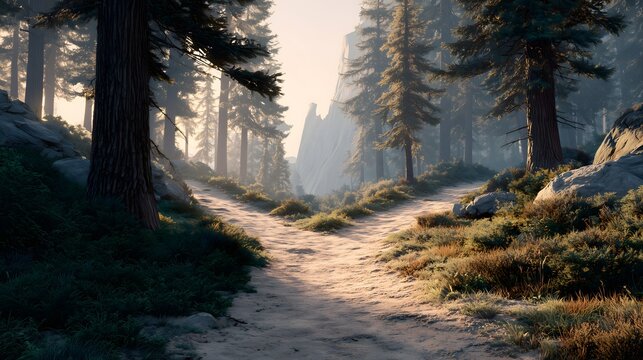 Conceptual background: Dirt road splitting in two in a deep forest with mountain view