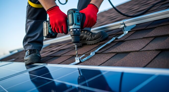 Worker installing solar panels on a rooftop with a drill.