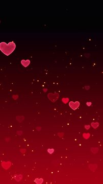 neon valentines day hearts and gold glitter on red animation, love and passion 14 February and anniversary celebration vertical social media motion background