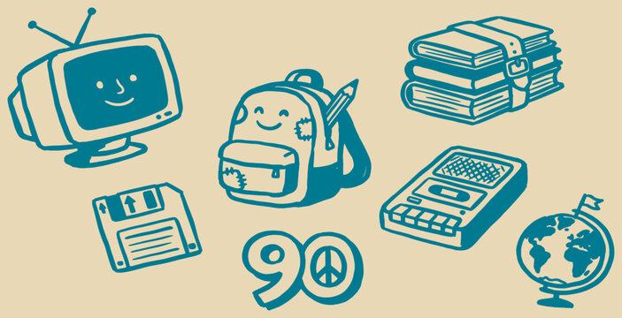 Nostalgic 90s themed vector illustration with school and technology icons.