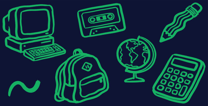 Neon green school supplies on a dark blue background create a fun design.
