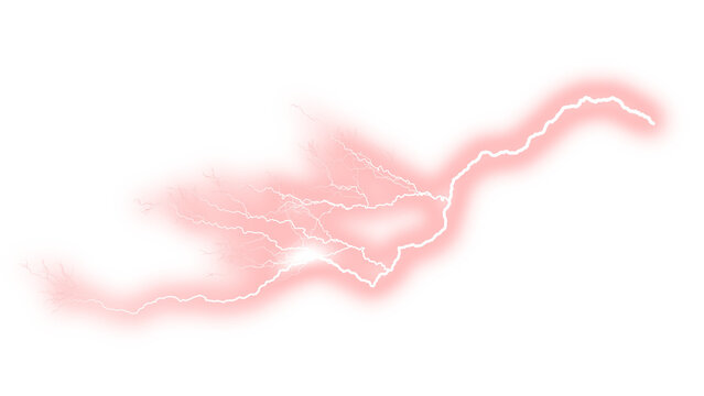 Pink lightning bolt with glowing electric aura, powerful energy discharge, abstract neon thunderbolt element for creative design isolated PNG with Transparent Background