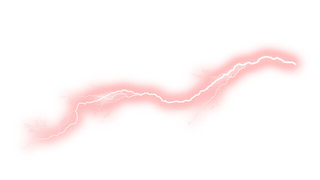 Pink lightning bolt with glowing neon aura, electric discharge spark effect, abstract energy flash for creative design overlays isolated PNG with Transparent Background