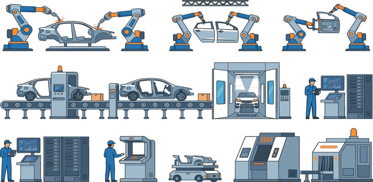 Automated Car Manufacturing and Robotics Illustration Set with Industrial Assembly Line Machines, Smart Factory Equipment, and Vehicle Production Technology Concepts