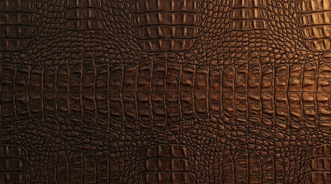 A close-up shot of textured brown alligator leather. The image showcases the intricate scale pattern of the reptile skin, highlighting its natural beauty and rich color.