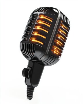 Futuristic 3D Rendered Black Chrome Microphone with Glowing Amber Lights for MC Performance. Isolated on White Background.