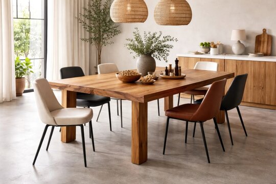 Stylish dining area highlighting a natural wood family table and modern seating with nuts and seasonings on a smooth concrete floor
