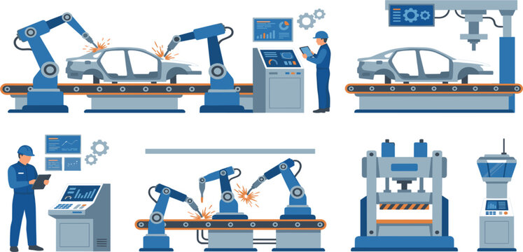 Automated Car Manufacturing Factory Illustration Set with Industrial Robotic Arms, Assembly Line Machines, Engineers, and Smart Production Technology Concepts