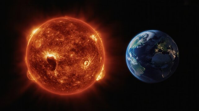 Sun and earth in space, scale comparison of the sun and planet earth, 3d render