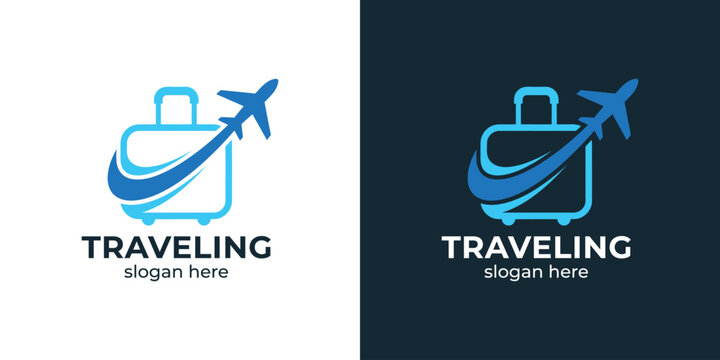 Traveling logo with suitcase and airplane travel concept design.