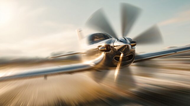 takeoff. A small aircraft propeller in motion blur during takeoff in bright daylight. mobility guides, transit brochures, designed for transport & logistics marketing, used by hospitality managers.